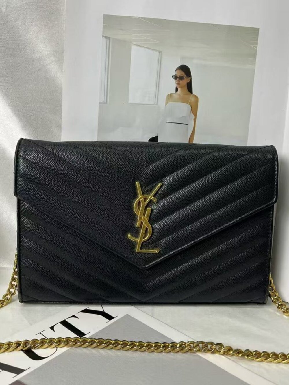 SAINT LAURENT YSL Envelope Black Label Logo Leather Envelope Bag